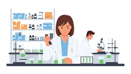 Female scientist meticulously working with a pipette and beakers in a modern laboratory, with a male colleague using a microscope in the background.