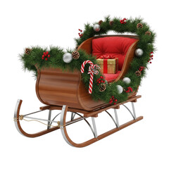 A decorated wooden sleigh with a red pillow and a gift box inside, surrounded by a green wreath with berries and pinecones, on a white background.