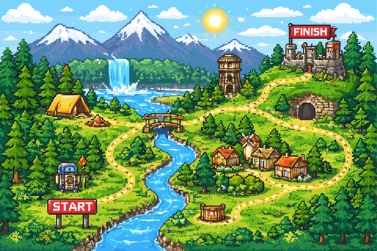 Pixel art adventure game map with path from start to finish in forest landscape