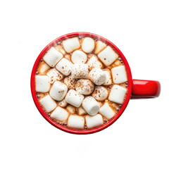 A red mug filled with hot cocoa and marshmallows on a white background.