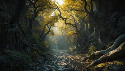 Old forest trail along a tranquil cliffside with gnarled roots and branches during fall, seasonal transition
