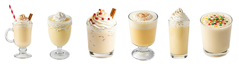 A collection of various milkshakes with toppings and garnishes.