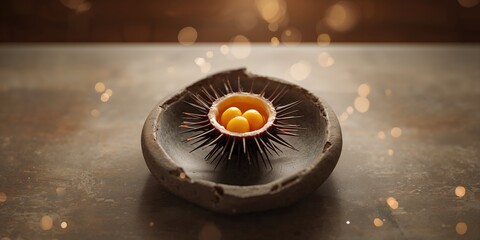 Close-up of a uni sea urchin in a shattered dish highlighting delicate textures, suitable for seafood dish layout