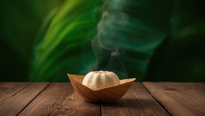 Coconut pudding cake in banana cone placed on a white table, emphasizing nutritious ingredients, World Food Day