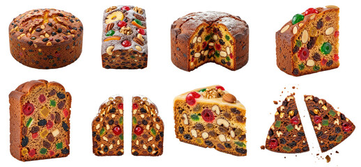 Various slices of fruit cake with nuts and dried fruits.