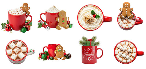 Collection of Christmas-themed hot cocoa mugs with gingerbread men and marshmallows.