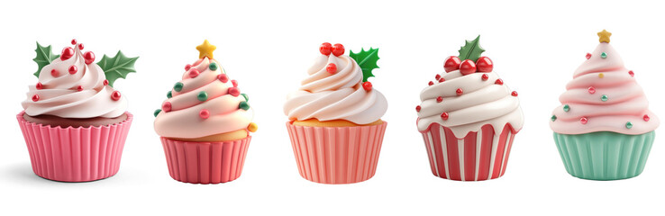 Christmas-themed cupcakes with holly leaves and berries on a png transparent