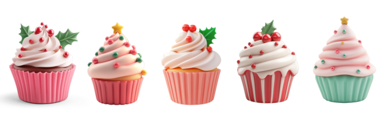 Christmas-themed cupcakes with holly leaves and berries on a png transparent