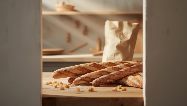 Freshly baked baguettes with a crusty exterior in a bakery, highlighting artisanal baking
