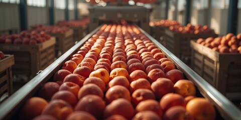 Peaches being sorted on a large conveyor system, focusing on processing efficiency and quality assurance, National Fruit Month