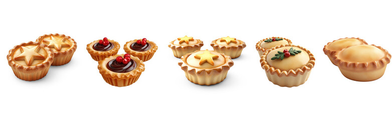 Various types of pies and tarts with different toppings and decorations.