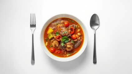 Spiced beef and vegetable curry served in a white bowl with utensils, focusing on rich flavors and traditional cooking methods