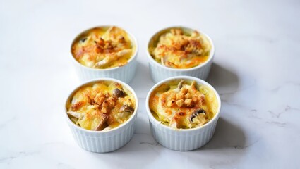 Baked chicken and mushroom julienne with cheese presented as a clean recipe book cover image. Food and publishing category for cookbook design and home cooking content.