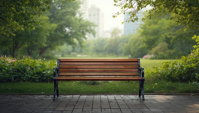 Wet wooden bench in a public park with damp surroundings, outdoor furniture maintenance, Earth Day
