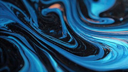 Swirling blue, black, & orange fluid textures create a dynamic abstract pattern