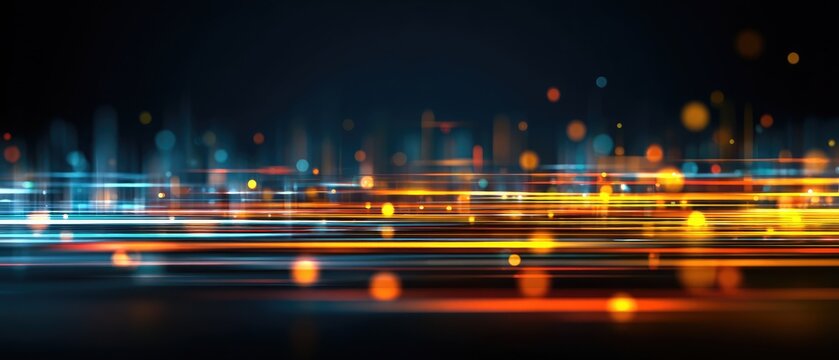 Abstract blurred light streaks in orange and blue on dark background - Powered by Adobe