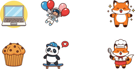 Cute cartoon icons set with laptop astronaut fox panda muffin and chef characters in colorful flat vector style © Sumon Creative