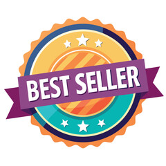 Obraz premium A colorful “Best Seller” badge with ribbons and stars in a modern flat design on a white background
