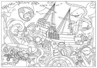 Coloring page. Underwater world with wreckage of a sunken pirate ship in the sea. Ocean world with sharks, anchor, octopus, fish, diving helmet and treasure. Hand drawn linear vector illustration.