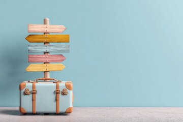 Travel suitcase below colorful directional signpost against teal wall