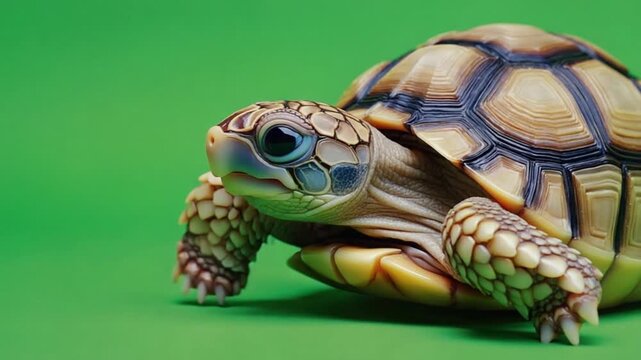 Adorable tortoise with vibrant shell and big eyes on green background
