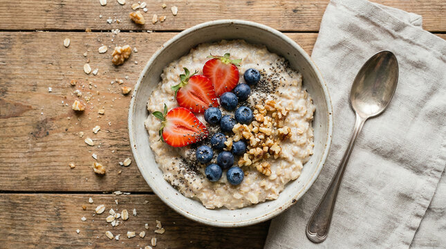 A delicious and healthy bowl of oatmeal topped with fresh strawberries, blueberries, and chopped nuts, served on a rustic wooden table.