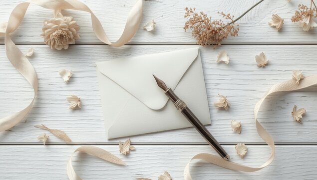 Mockup of an envelope with handwritten letter on rustic white wood background for stationery design, stationery design, World Letter Writing Day - Powered by Adobe