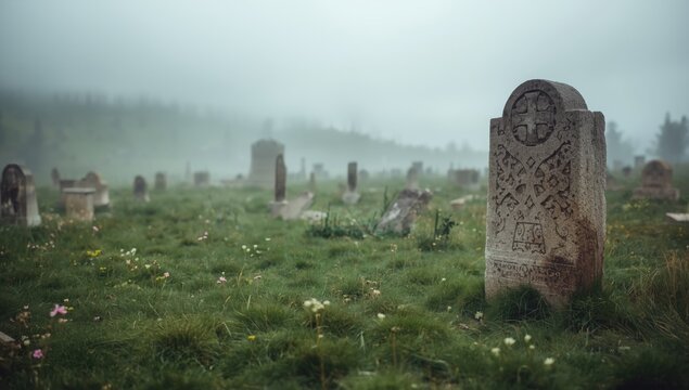 Ancient Armenian burial site featuring carved crosses on stone grave markers, cultural heritage preservation