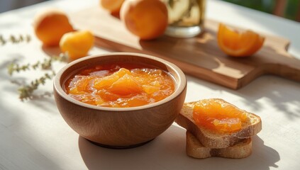 Orange jam in a wooden bowl emphasizing natural ingredients for artisanal preservation, World Food Day