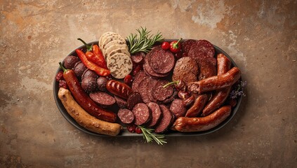 Selection of cured sausages with herbs and peppers on a stone countertop, emphasizing food preservation techniques
