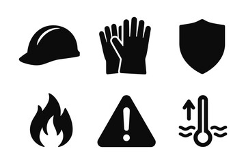 Safety icon set: hard hat, gloves, shield, fire, warning, temperature