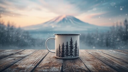 Enamel mug featuring black pine trees, suitable for outdoor use, rustic kitchen or campsite table setting, World Environment Day