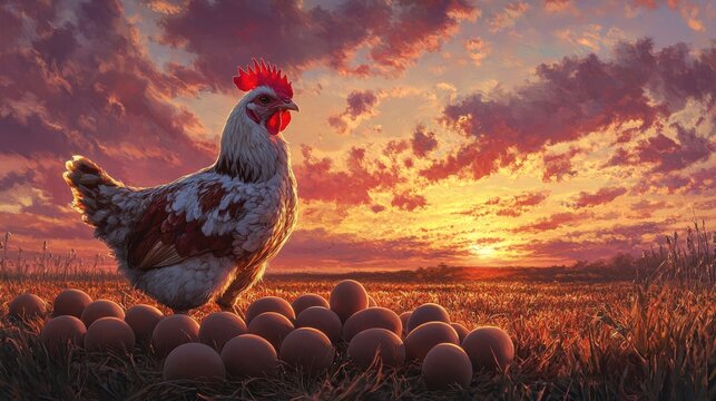 Hen Guards Eggs at Sunrise