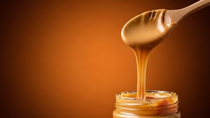 Creamy Peanut Butter Dripping from a Wooden Spoon into a Glass Jar on Warm Background for Food and Breakfast Concepts National Peanut Butter Day