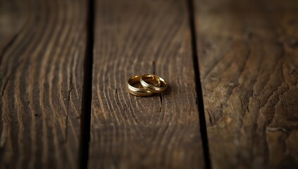 Close-up of gold wedding bands on weathered wood emphasizing material durability, wedding rings, April 2024