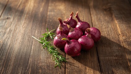 Red onions on aged wood slab prepared for cooking, food and ingredient textures