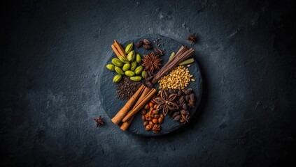 Organic spice mixture featuring cinnamon, cardamom, cloves, star anise, and fennel seeds arranged on slate for culinary preparation