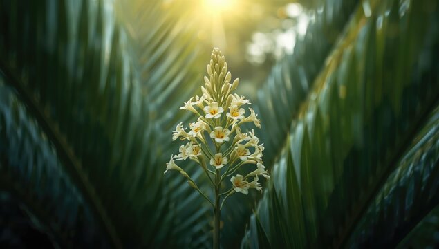 Phoenix roebelenii with blooming flowers, tropical plant setup for landscape design, natural environment, seasonal change
