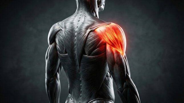 Anatomical illustration of a human shoulder with highlighted inflammation and pain in the deltoid muscle.