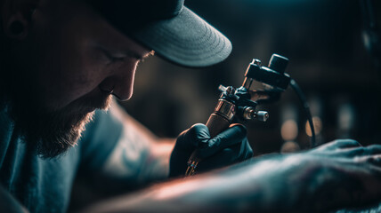 Professional tattoo artists work with tattoo machines, focused hands, and detailed lines.