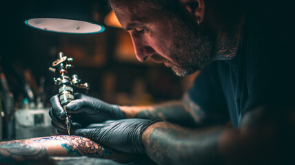 Professional tattoo artists work with tattoo machines, focused hands, and detailed lines.