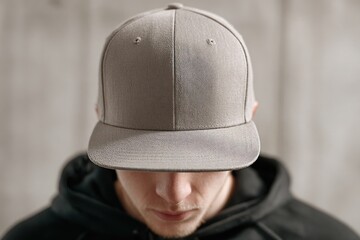 A person in a stylish cap with a unique design, set against a neutral background, showcasing a modern aesthetic. Snapback cap mockup
