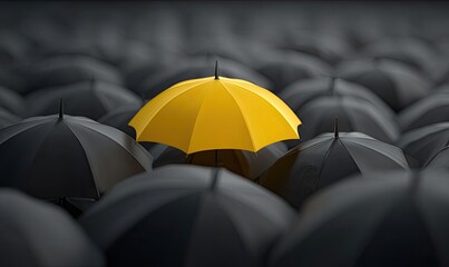Yellow umbrella stands out among a field of dull grey/black umbrellas