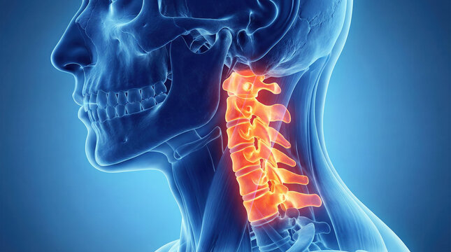 Anatomical illustration of the human cervical spine, highlighting the vertebrae in a vibrant orange against a deep blue background, showcasing the neck's skeletal structure. - Powered by Adobe