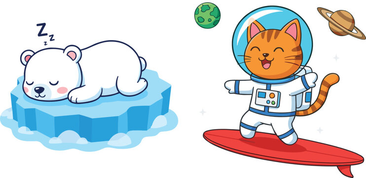 Cute cartoon polar bear sleeping on ice and astronaut cat surfing in space playful illustration set