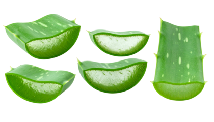 Sliced aloe vera plant leaves, showing gel, on black background