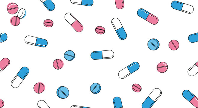 Medical themed seamless pattern features various blue and pink pills and capsules scattered on a clean white background for healthcare concepts.