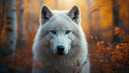 Close-up of a white wolf's face with fall foliage background, highlighting seasonal wildlife behavior