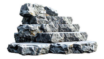 Stacked stone stairs, grey with textured surfaces, isolated on transparent background