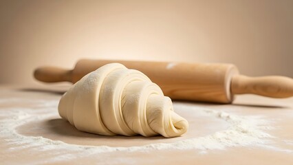 Unbaked Croissant Dough Roll with Rolling Pin and Flour on a Bakery Table National Croissant Day